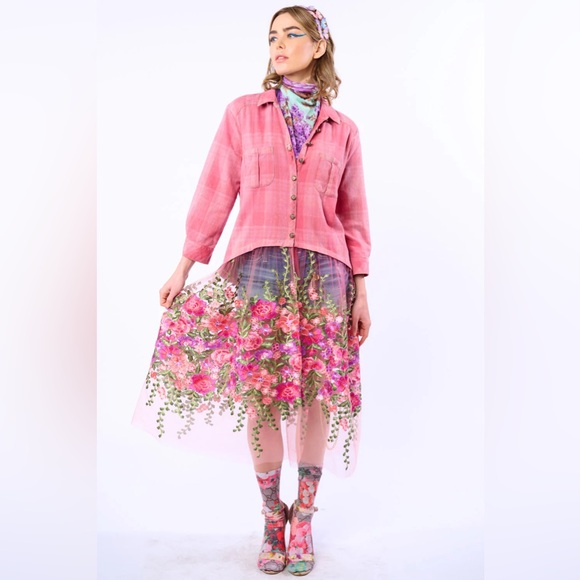 Aratta Pink Floral Embroidered Love Shirt Dress Crystal Button Boho Statement - Picture 7 of 14